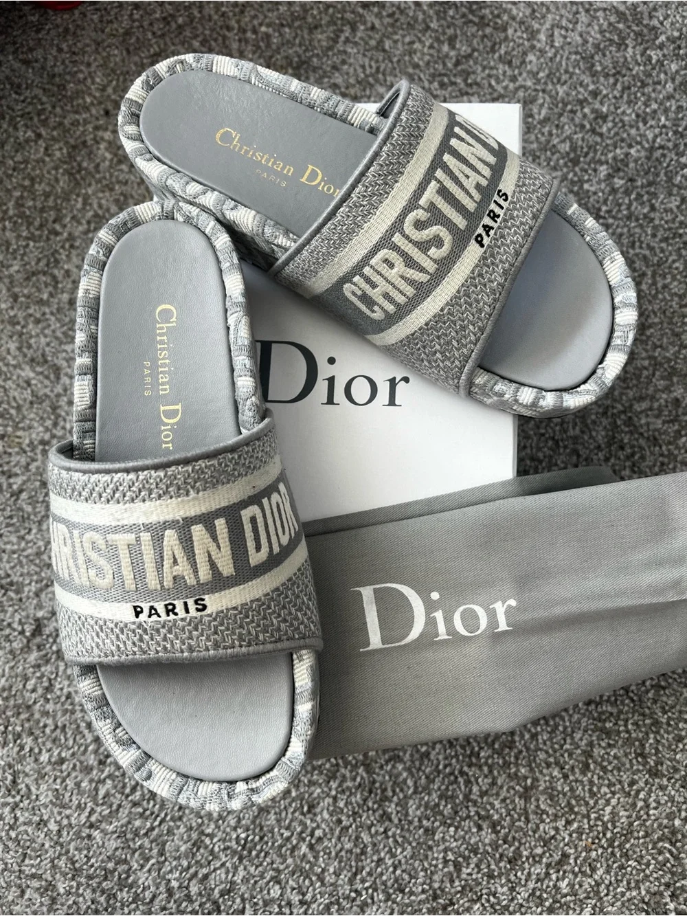 Dior women Gray & Cream 'Christian Dior' Slide Sandals